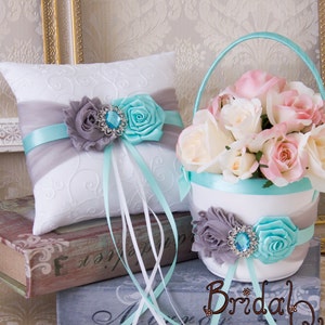 READY TO SHIP Aqua Flower Girl Basket, Aqua Grey Wedding Ring Bearer, Wedding Ring Pillow, Wedding Pillow, Flower Girl basket, Custom Color