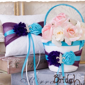 Purple and Turquoise Wedding Flower Girl Basket Set and Ring Bearer Pillow
