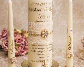 Personalized Wedding Unity Candle Set with Lace and Gold Rhinestone Brooch and Rhinestones