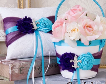 Purple and Turquoise Wedding Flower Girl Basket Set and Ring Bearer Pillow