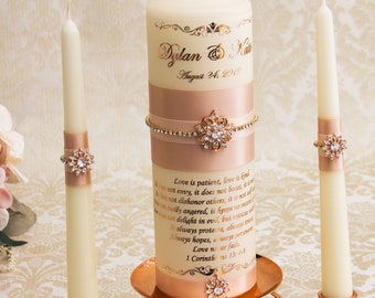 Rose Gold Unity Candle Set, Personalized Wedding Unity Candles