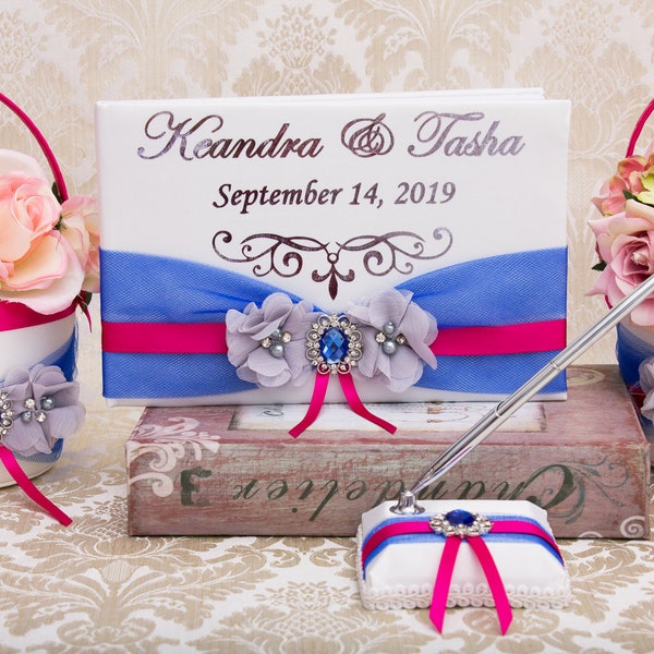 Personalized Wedding Guest Book in Royal Blue and Fuchsia with Sapphire Jewel, Custom Guest Book for Wedding