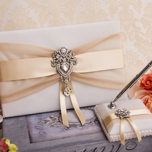 Champagne Wedding Guest Book and Pen Holder Set, Champagne Guest Book, Personalized Guest Book, Wedding Decor