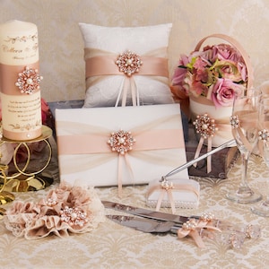 Rose Gold Wedding Accessories Set Flower Girl Basket Wedding Pillow Guest Book Garters Champagne Flutes Cake Serving Set Unity Candles Set image 1