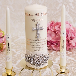 Lace Unity Candle Set, Personalized  Wedding Unity Candles with Cross