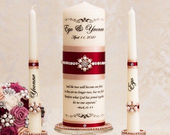 Rose Gold Wedding Unity Candle Set, Burgundy and Blush Unity Candles, Personalized Wedding Candles