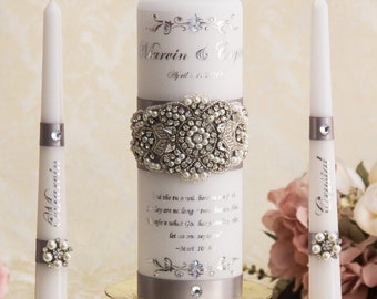 Pearl Wedding Unity Candle Set, Silver Wedding Candles Set, Silver Unity Candle Set, Personalized Unity Candles