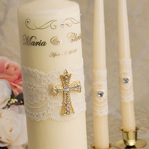 Unity Candle Set Gold Cross Candle Set, Church Wedding Unity Candles for Wedding, Lace Unity Candle Set Gold Wedding Cross Christian Wedding