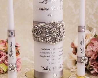 Pearl Wedding Unity Candle Set, Silver Wedding Candles Set, Silver Unity Candle Set, Personalized Wedding Candle Set