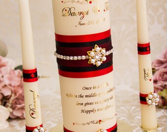 Red Unity Candle Set, Black Wedding Unity Candles, Gold Wedding Candles, Personalized Wedding Candles, Red Black Gold Candles