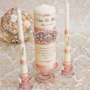 Rose Gold Unity Candle Set Rose Gold Wedding Unity Candles Blush Wedding Candle Personalized Unity Candle Rhinestone Unity Candle image 1