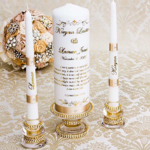 Personalized Wedding Unity Candle Set, Gold Foil Wedding Candles Set, Champagne Unity Candle Set, White Unity Candles for Wedding