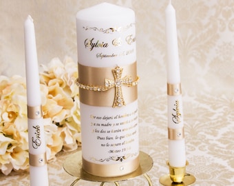 Personalized Wedding Unity Candle Set with Champagne Ribbon, Gold Cross and Rhinestone trim