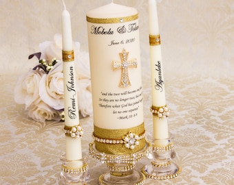 Personalized Unity Candle Set Gold Cross Candle Set, Church Wedding Unity Candles for Wedding, Gold Unity Candle Set Cross Christian Wedding