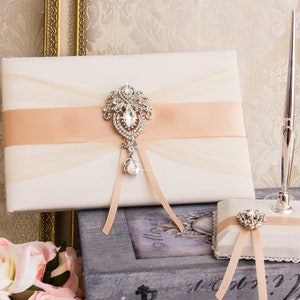 Wedding Guest Book, Rose Gold Guest Book with Pen Holder, Crystal Wedding Sign Book, Blush Guest Book, Rose Gold Wedding Accessories