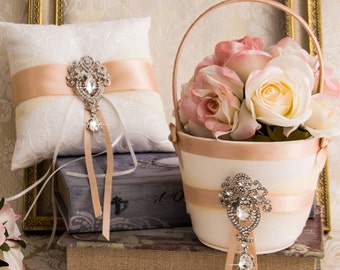 Blush Ring Bearer Pillow Flower Girl Basket Rhinestone Wedding Basket and Pillow Set Blush Wedding Ring Pillow