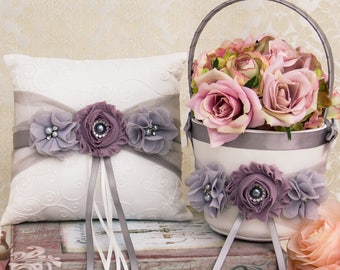 Dusty Lilac Flower Girl Basket and Wedding Ring Pillow, Gray and Lilac Flower Girl Basket and Ring Bearer Pillow Set, Lilac Wedding