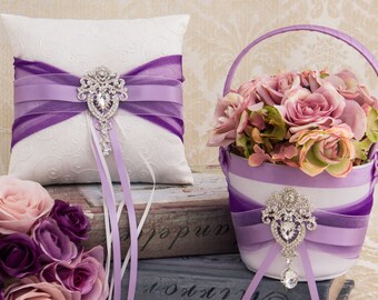 Purple Ring Bearer Pillow, Purple Flower Girl Basket Wedding Ring Pillow and Basket set, Wedding Ring Bearer Pillow, Purple Wedding Pillow