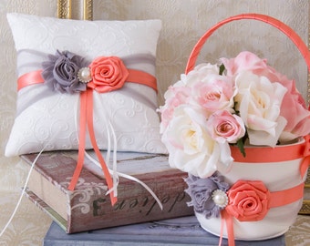 Coral and Grey Wedding Flower Girl Basket and Ring Bearer Pillow Set