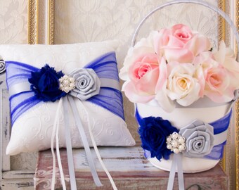 Royal Blue and Silver Wedding Flower Girl Basket and Ring Pillow Set, Blue Wedding Ring Pillow, Silver Flower Girl Basket Set