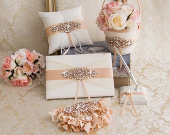 Rose Gold Ring Bearer Pillow, Flower Girl Basket, Rose Gold Flower Girl Basket and Ring Bearer Pillow Set, Wedding Pillow, Guest Book