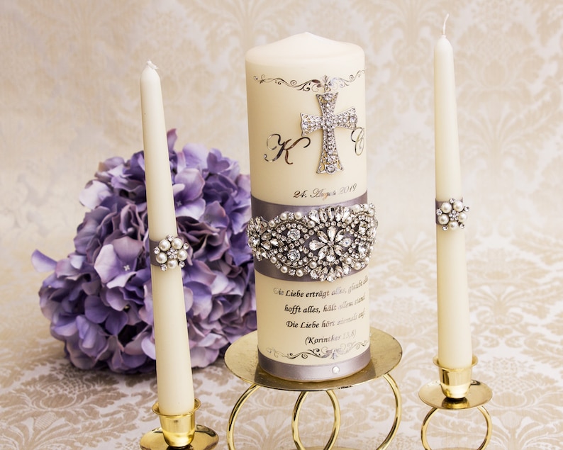 Wedding Unity Candle Set in Silver Personalized Wedding Candles Gold Crystal Unity Candle Set for Church Wedding