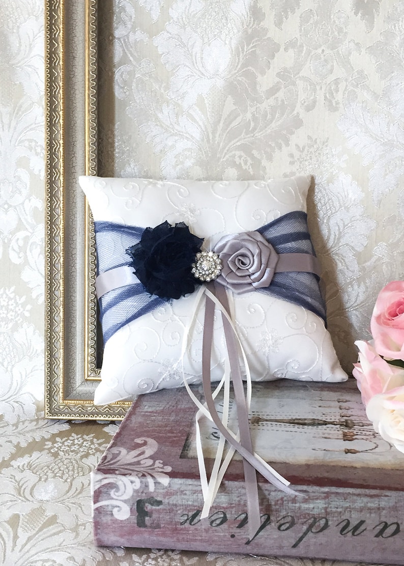 Wedding Pillow Navy Blue and Gray Ring Bearer Pillow Wedding Ring Bearer Pillow Gray And Navy Blue Wedding Ring Pillow