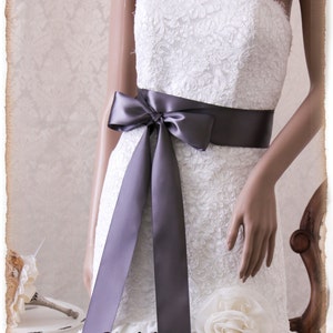 Pewter Satin Bridal Sash, Wedding Dress Sash, Satin Ribbon Bridal Belt,  Bridal Sash, Pewter Satin Ribbon Sash