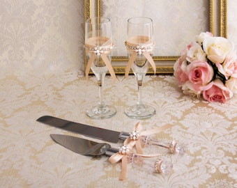 Rose Gold Champagne Wedding Flutes and Wedding Glasses, Rose Gold Toasting Flutes, Blush Champagne Glasses, Rose Gold Cake Serving Set