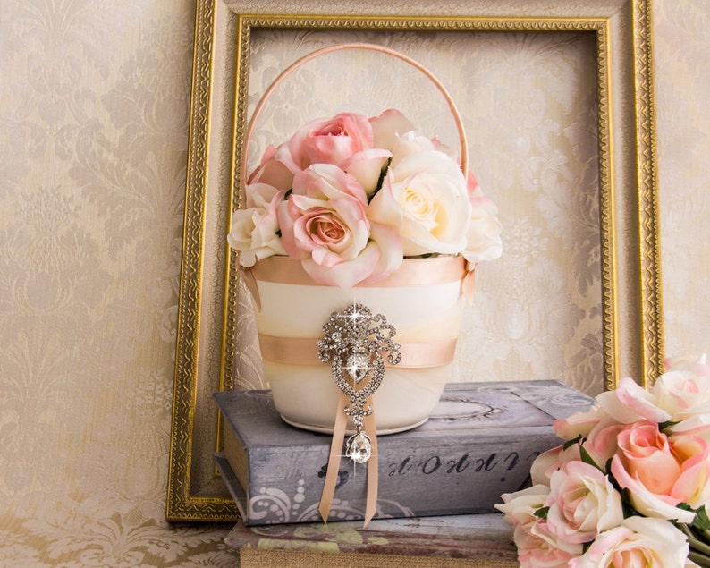 White or Ivory Flower Basket Blush Flower Girl Basket Wedding Basket Crystal Flower Girl Baskets Rhinestone Flower Girl Basket