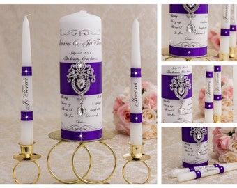 Royal Purple Unity Candle Set, Wedding Unity Candle Set Personalized Ceremony Crystal Unity Candles Set, Crystal Wedding Candle Set