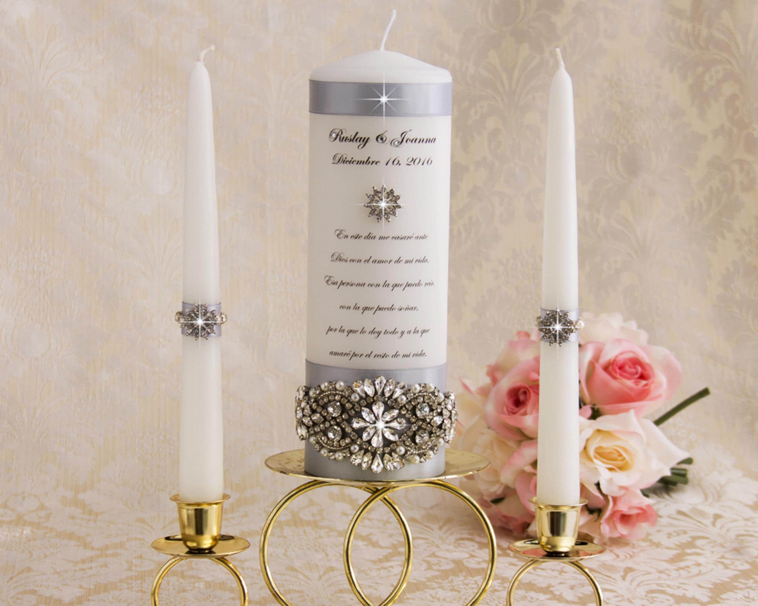 Silver Unity Candle Set, Personalized Wedding Candles With Rhinestone ...
