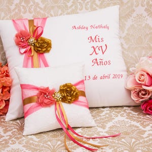 Personalized Quinceanera Pillow in Coral and Gold, Kneeling Pillow