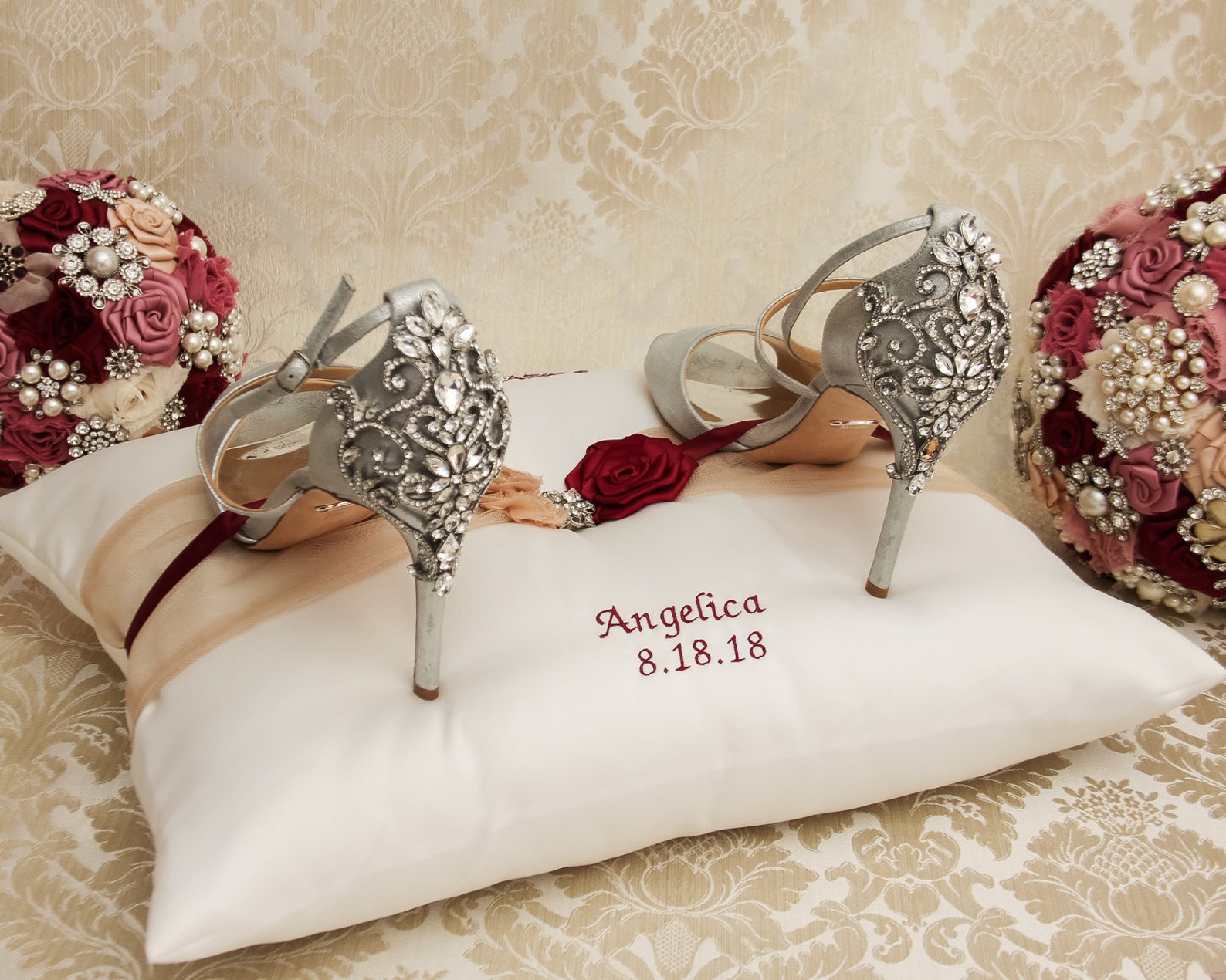 Personalized Tiara Pillow, Quinceanera Pillow Set, Quince Shoe Pillow