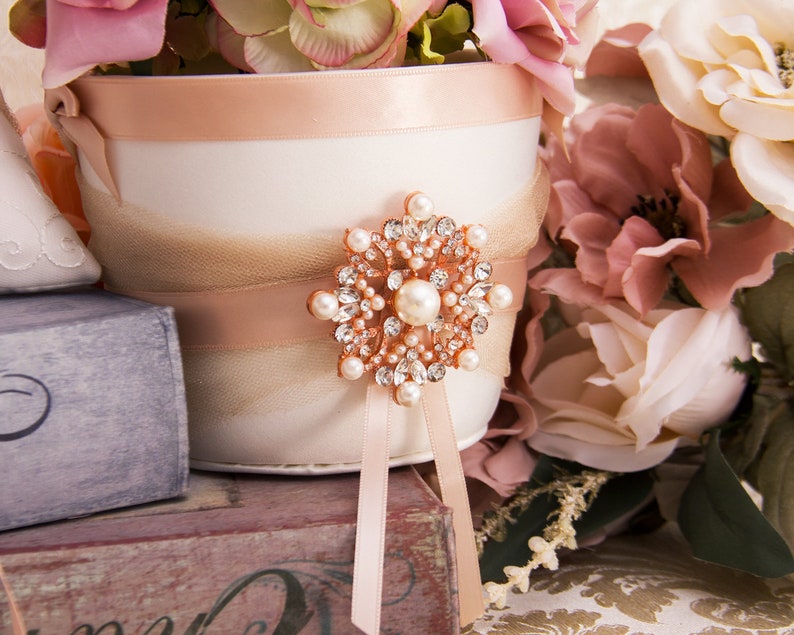 Rose Gold Wedding Accessories Set Flower Girl Basket Wedding Pillow Guest Book Garters Champagne Flutes Cake Serving Set Unity Candles Set image 9