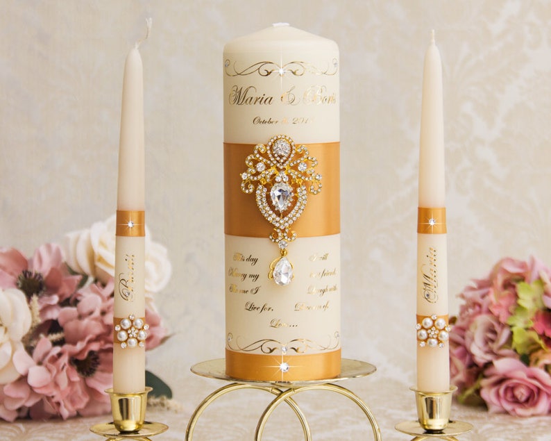 Gold Unity Candles Set Personalized Wedding Unity Candles Etsy