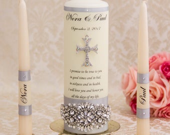 Silver Unity Candle Set Silver Wedding Unity Candles Church Wedding Candle Personalized Unity Candle Rhinestone Unity Candle Cross