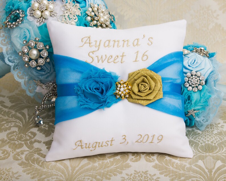 Personalized Quinceanera Pillow Set in Gold and Blue Tiara Etsy