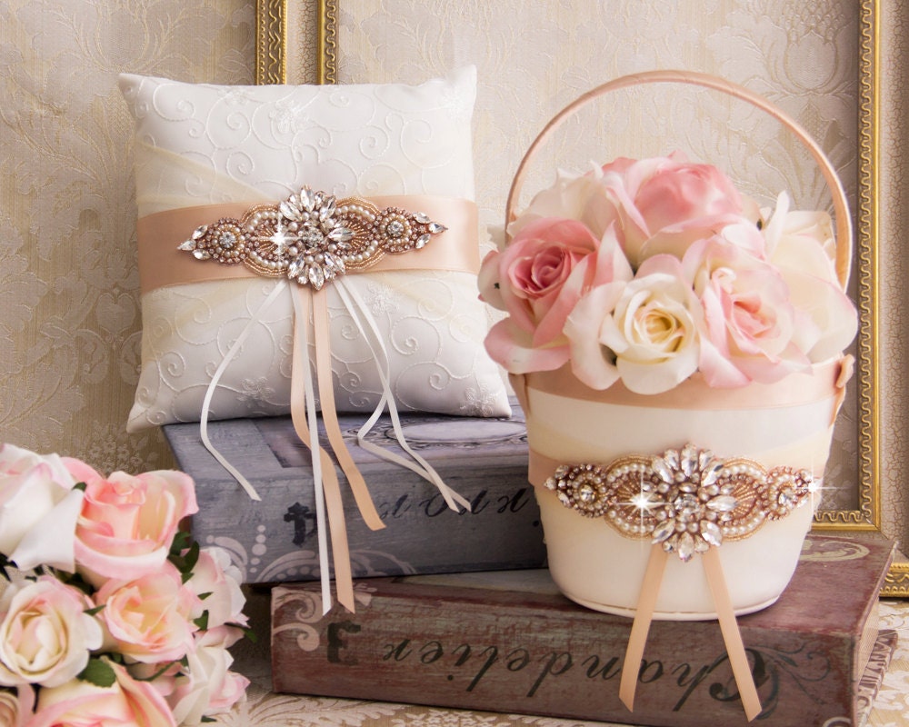 Blush flower girl basket and ring bearer pillow blush basket and pillow set rustic flower girl basket flower girl basket blush