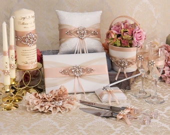 Blush and Champagne Flower Girl Basket Set, Rose Gold Wedding Ring Pillow, Guest Book, Garters, Toasting Flutes, Cake Knife, Unity Candles