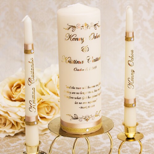 Personalized Wedding Unity Candle Set, Gold Foil Wedding Candles Set