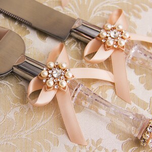 Rose Gold Wedding Accessories Set Flower Girl Basket Wedding Pillow Guest Book Garters Champagne Flutes Cake Serving Set Unity Candles Set image 6