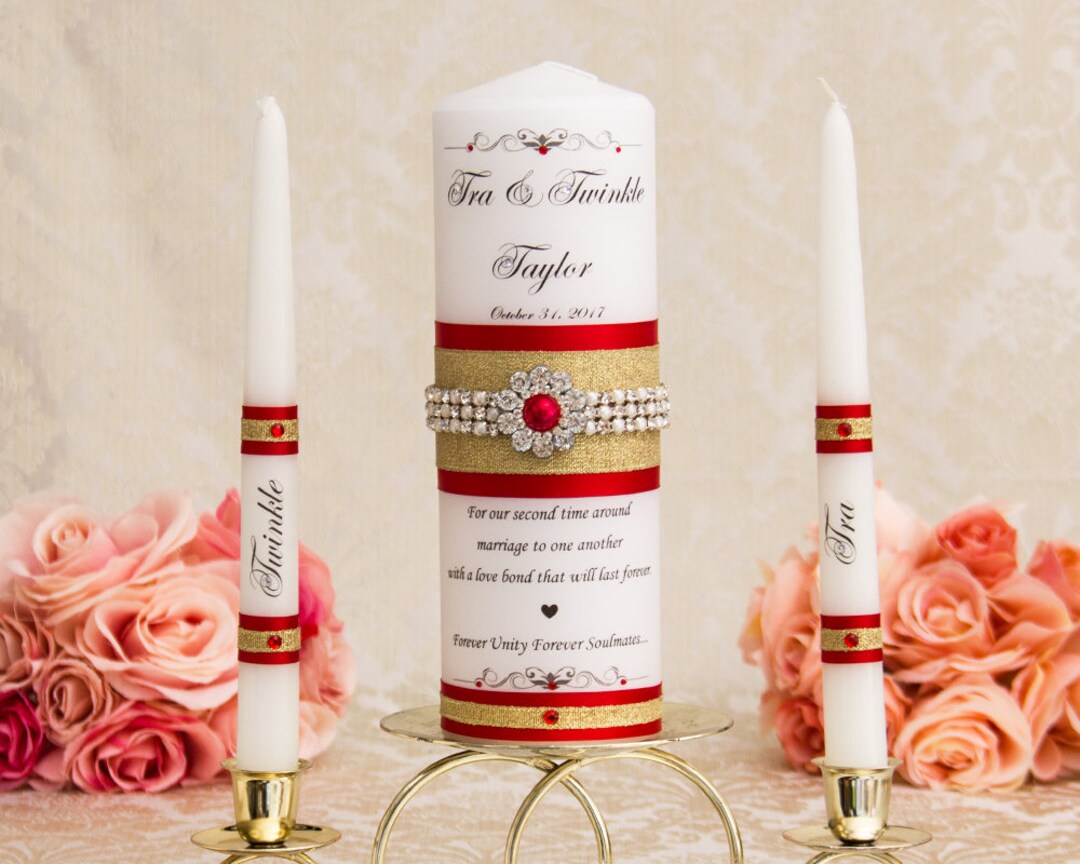 Gold Wedding Unity Candles Set, Red and Gold Wedding Candles