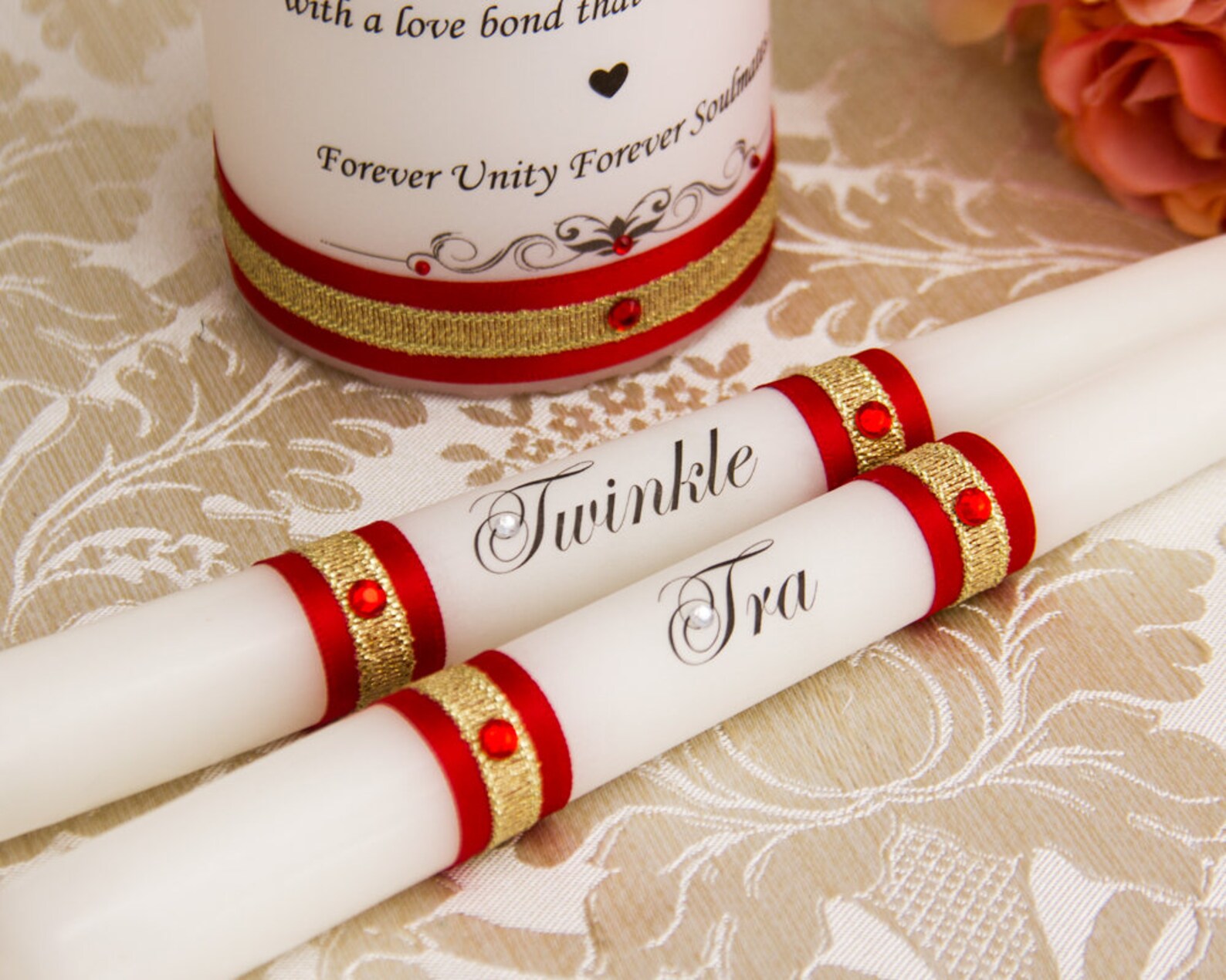 Gold Wedding Unity Candles Set Red and Gold Wedding Candles Etsy