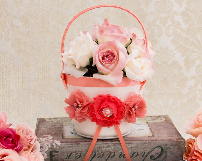 Coral Flower Girl Basket and Pillow Coral Wedding Ring Pillow and Flower Girl Petal Basket Ring Bearer Pillow