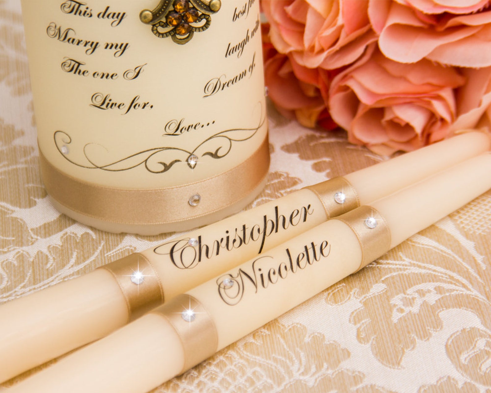 Champagne Unity Candle Set, Wedding Unity Candle Set, Personalized
