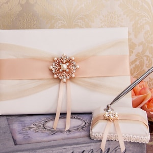 Rose Gold Wedding Accessories Set Flower Girl Basket Wedding Pillow Guest Book Garters Champagne Flutes Cake Serving Set Unity Candles Set image 3