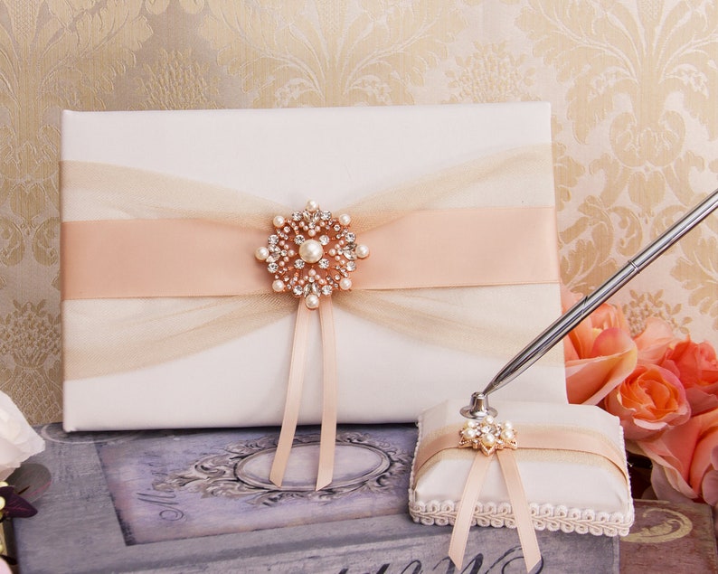 Rose Gold Wedding Accessories Set Flower Girl Basket Wedding Pillow Guest Book Garters Champagne Flutes Cake Serving Set Unity Candles Set image 3