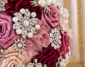 Bridal Brooch Bouquet, Wine and Blush Bridal Bouquet, Wedding