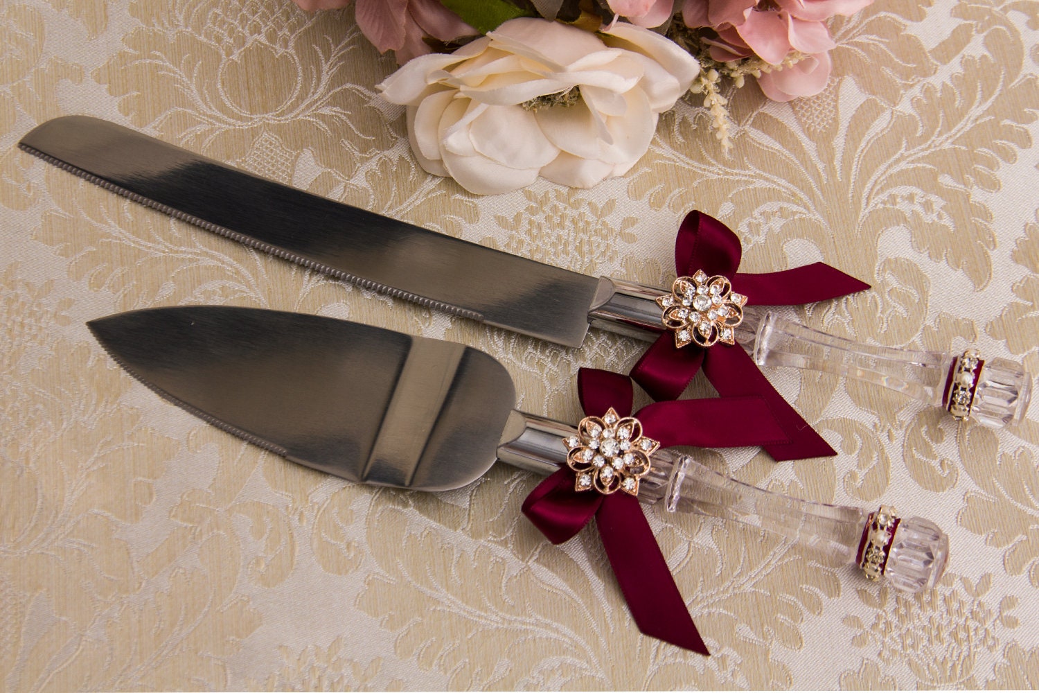 Wedding Cake Serving Set Cutting Set Knife Set Burgundy Navy 